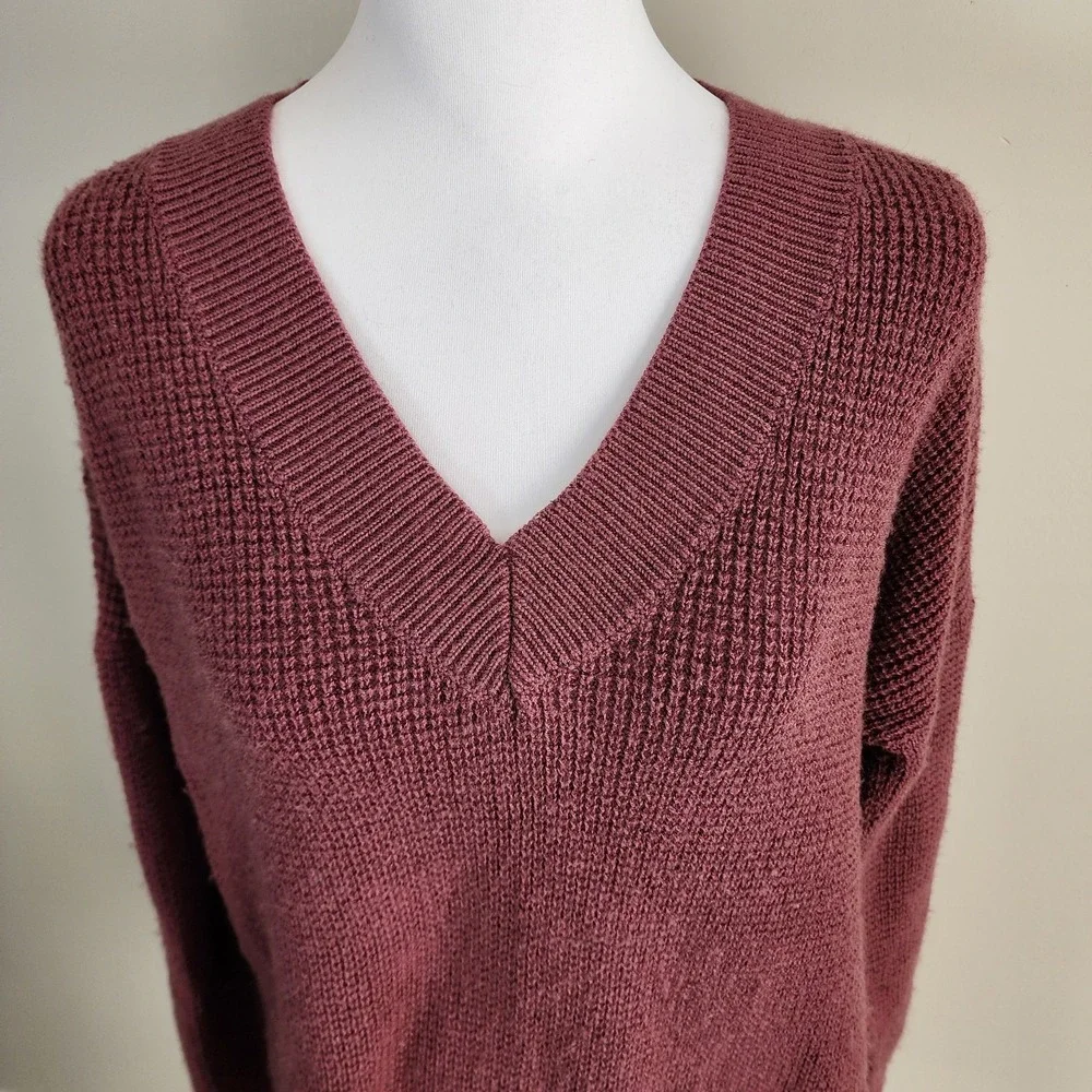 Kersh‎ Merino Wool Blend Sweater Womens Large Waffle Knit Wine Burgundy Pullover - Picture 3 of 14